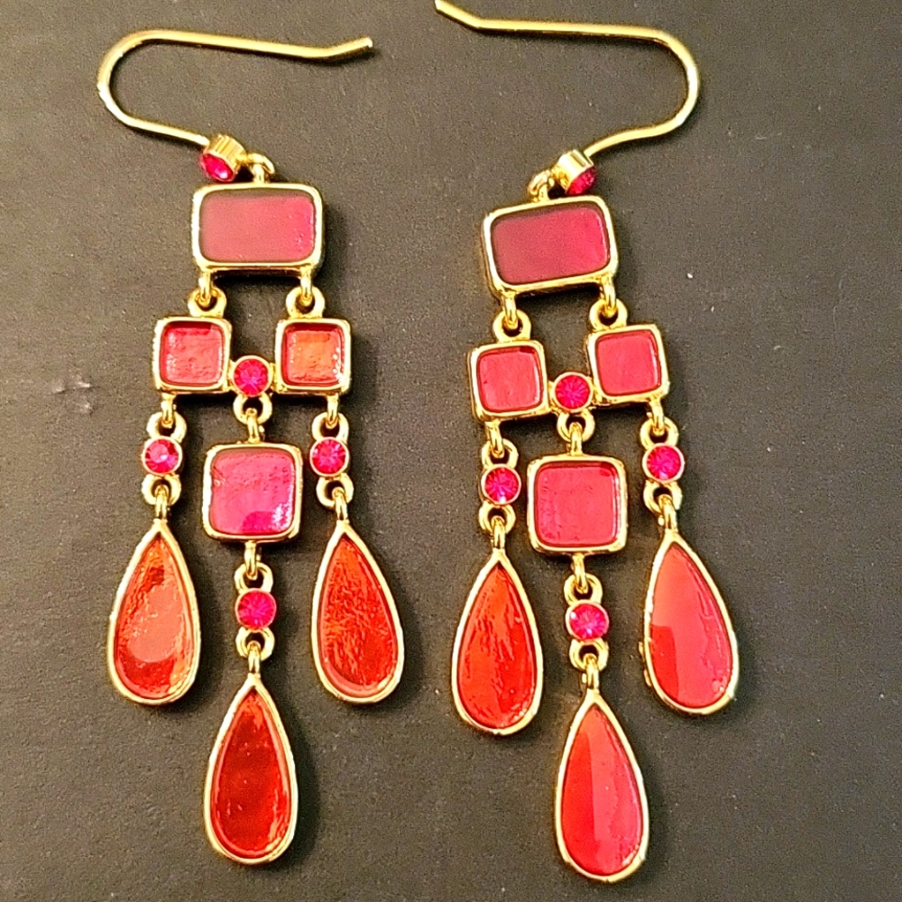 NEW Chandelier Earrings, Red & Gold, Enamel & Crystals, Le Chateau - Picture 3 of 9
